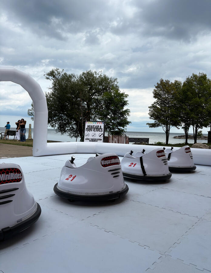 Outdoor bumper car setup with scenic lake views. Fun for any season. White inflatable bumper car setup with scenic lake with multiple cars ready for play.
